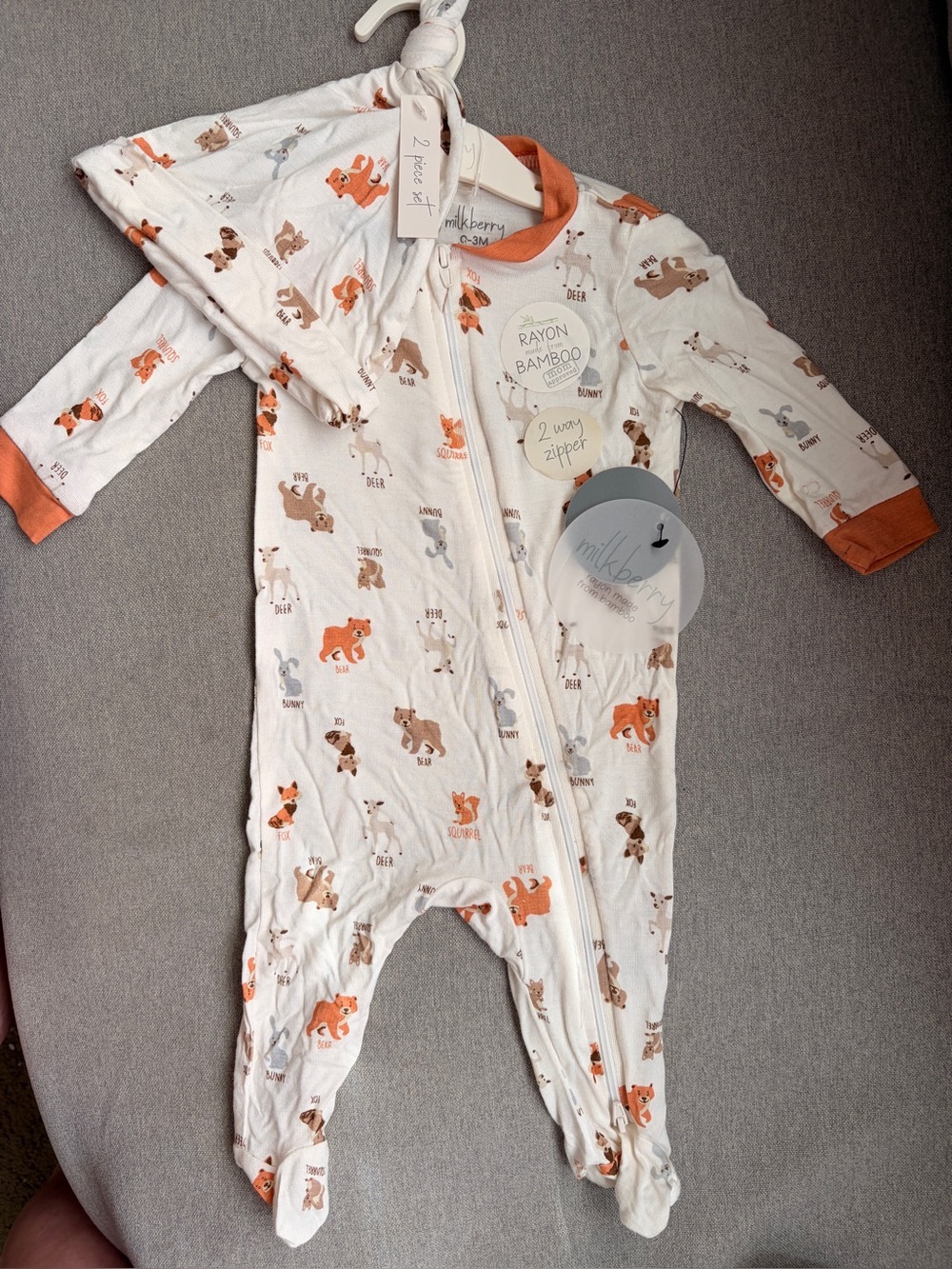 White & Orange Woodland Animal Bamboo Baby One-Piece Milkberry 0-3 mo